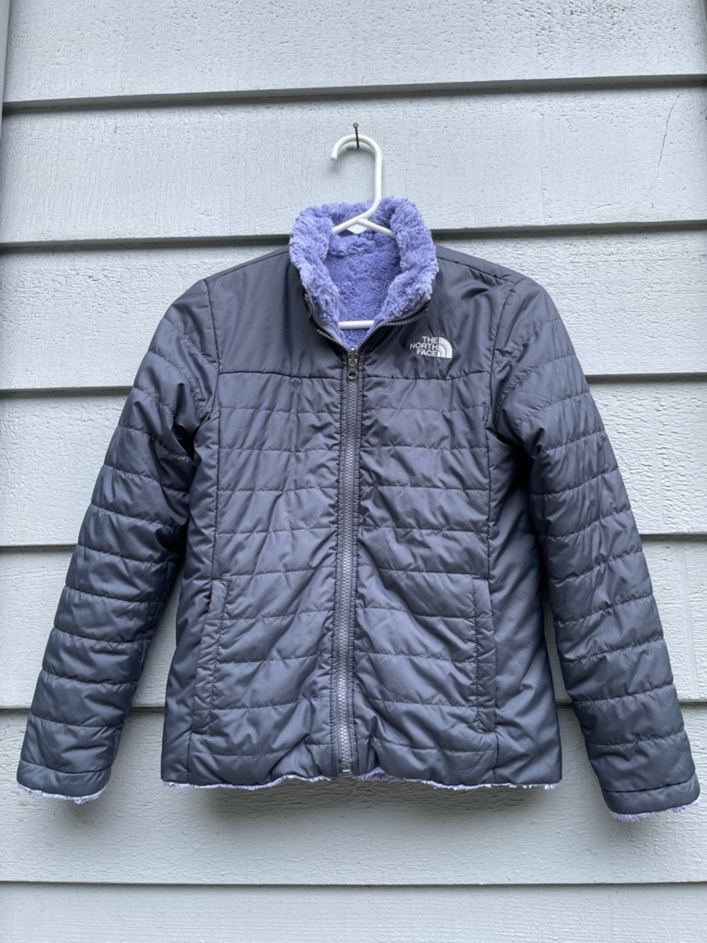 North Face Reversible Mossbud Swirl Jacket Girl’s Medium (10/12), Gray/Lavender